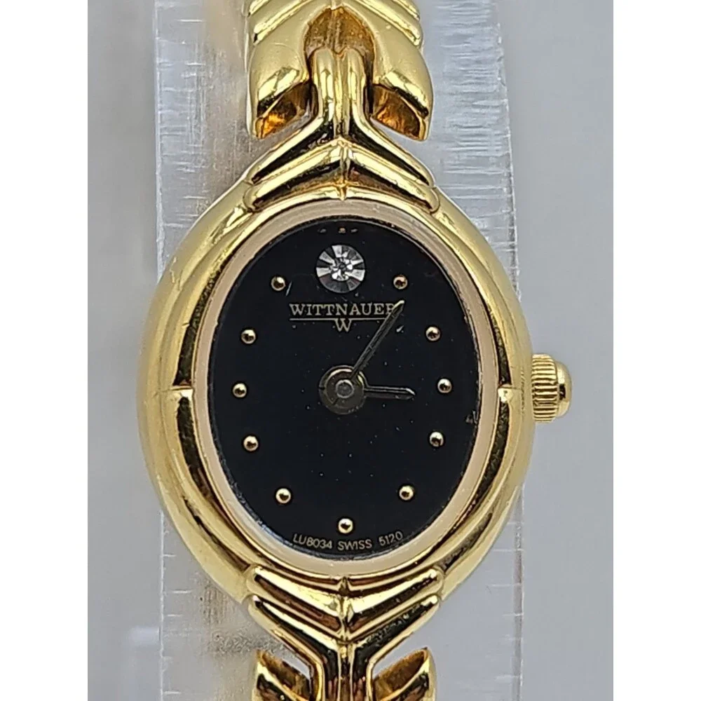 Wittnauer LU8034 Womens Swiss Quartz Gold Tone Black Dial Oval Watch New Battery